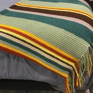 HANDMADE Striped Knit Blanket with Fringe 54x48 + fringe